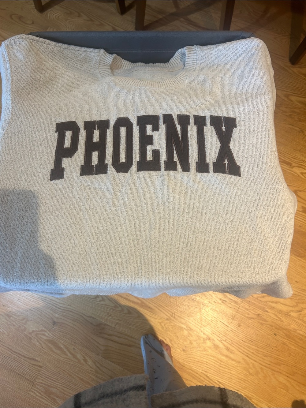 Phoenix Cream/oatmeal Knit sweater with brown Lettering